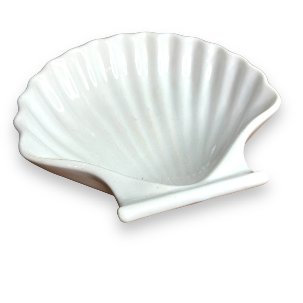 Vintage Japan Scallop Shell Oven Proof White Glazed Ceramic Candy Dish Bowl